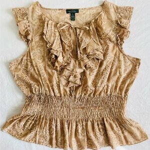 NWOT Ralph Lauren Cotton Gauze Top XL = 14 - 16 Smocked Peplum Ruffle Semi-Sheer